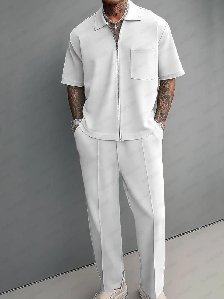 Mens Fashion Zip Up - Setelan Pria 2 Potong, Kemeja Polo