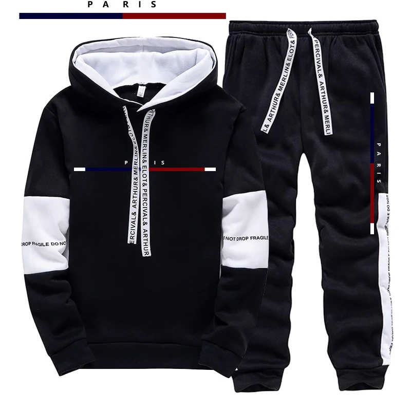 Mens Fashion Casual Outfits - Setelan Pria Motif Cetak Paris/Hoodie/Celana, Pakaian